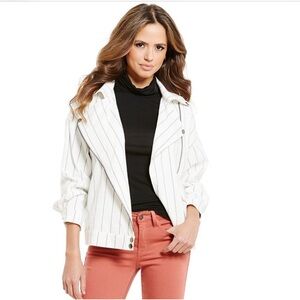 Gianni Bini Monte Pinstripe Asymmetrical Oversized Moto Jacket XS Org. $128